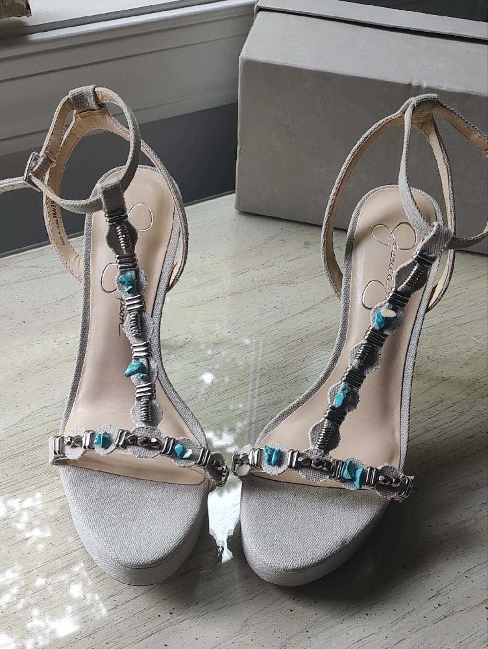 Beaded T-Strap Women's Sandal in Light Beige